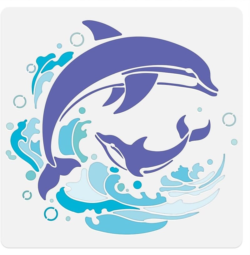 DOODLREAM Dolphin Wall Stencil Template 11.8 x 11.8 Inch Reusable Plastic Ocean Sea Creature Themed Stencil for Painting on Wood Wall Floor Fabric Glass DIY Home Decor - Image 1